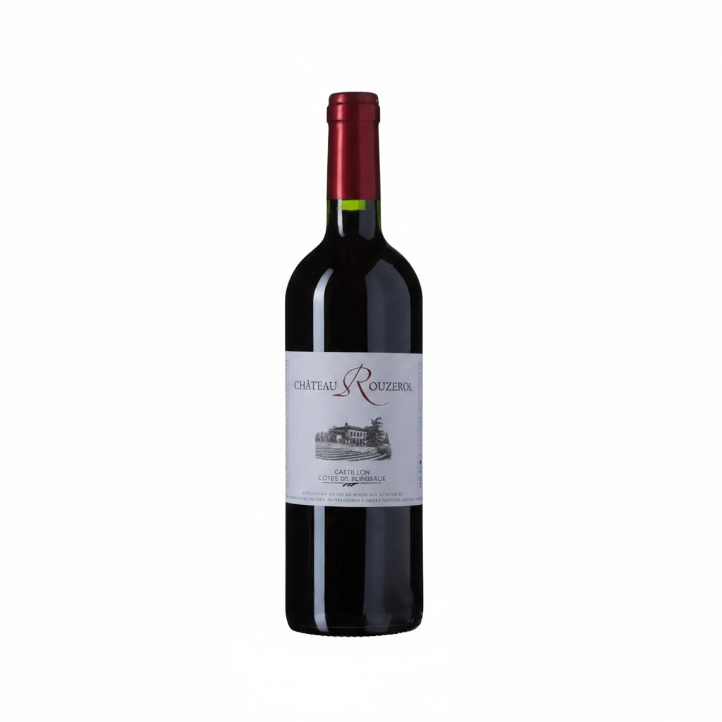 Chateau Rouzerol Castillon Cotes de Bordeaux wine bottle with label and cork, showcasing a red Bordeaux wine from France.