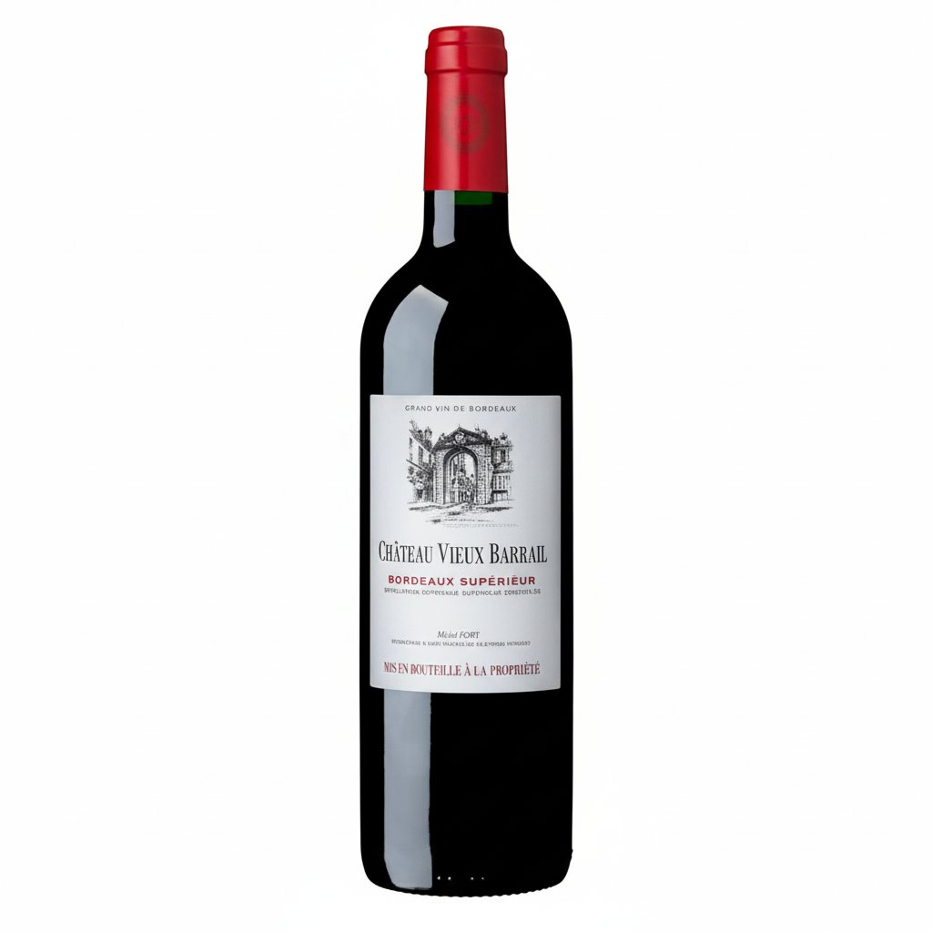 Chateau Vieux Barrail Bordeaux Superieur wine bottle with elegant label, showcasing rich red wine in a glass.