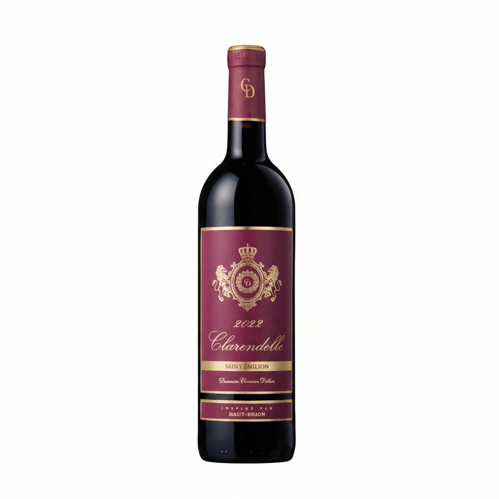 Bottle of Clarendelle Saint Emilion wine with label visible, featuring elegant design and deep red color in a clear glass bottle.
