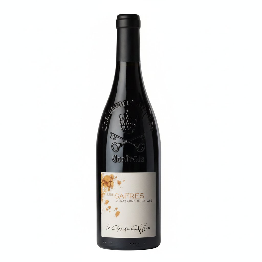 Bottle of Clos Du Caillou Chateauneuf du Pape Les Safres wine with a label featuring red and gold accents on a wooden table.