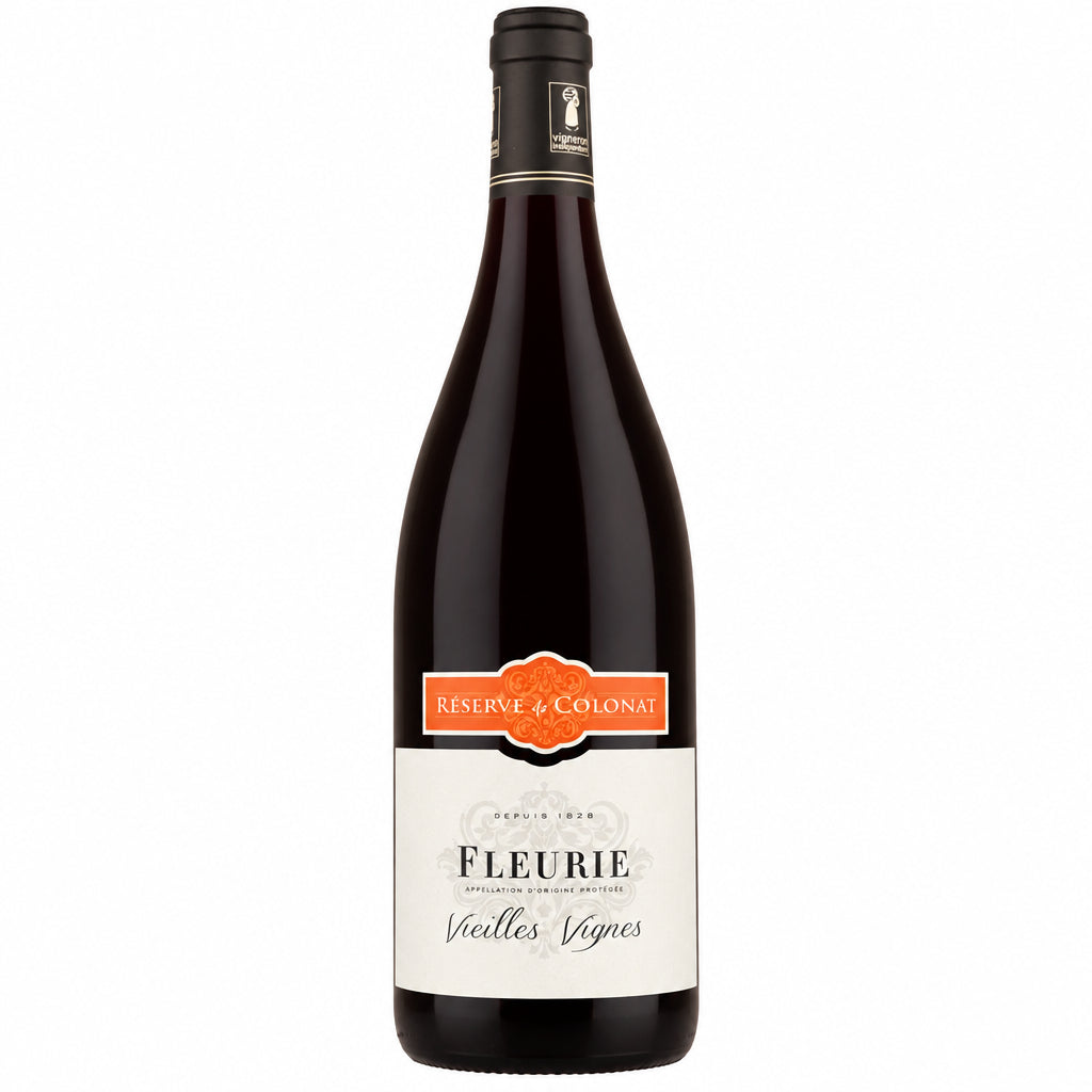 Bottle of Domaine de Colonat Fleurie Vieilles Vignes red wine with a label featuring the Domaine logo and vintage details.