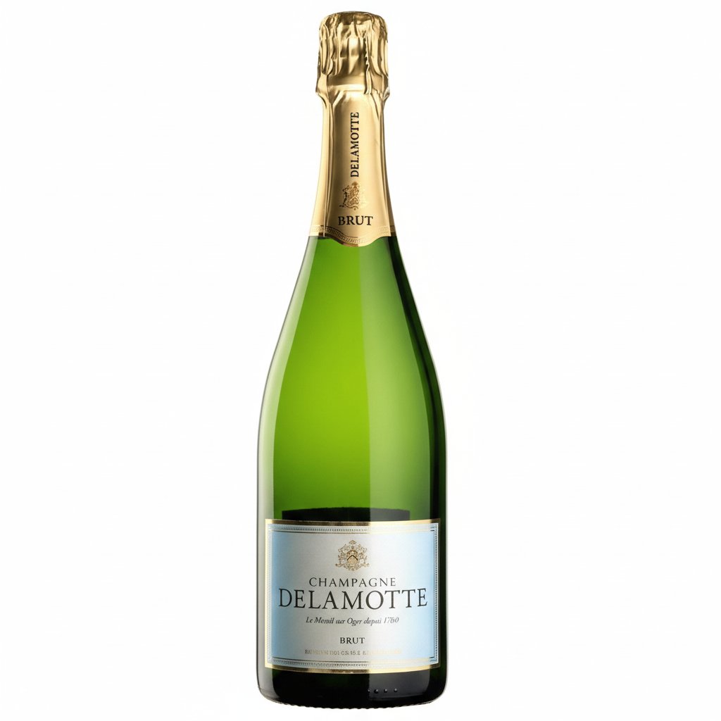 A bottle of Delamotte Brut champagne with a clear label, set against a neutral background, showcasing the elegant sparkling wine.