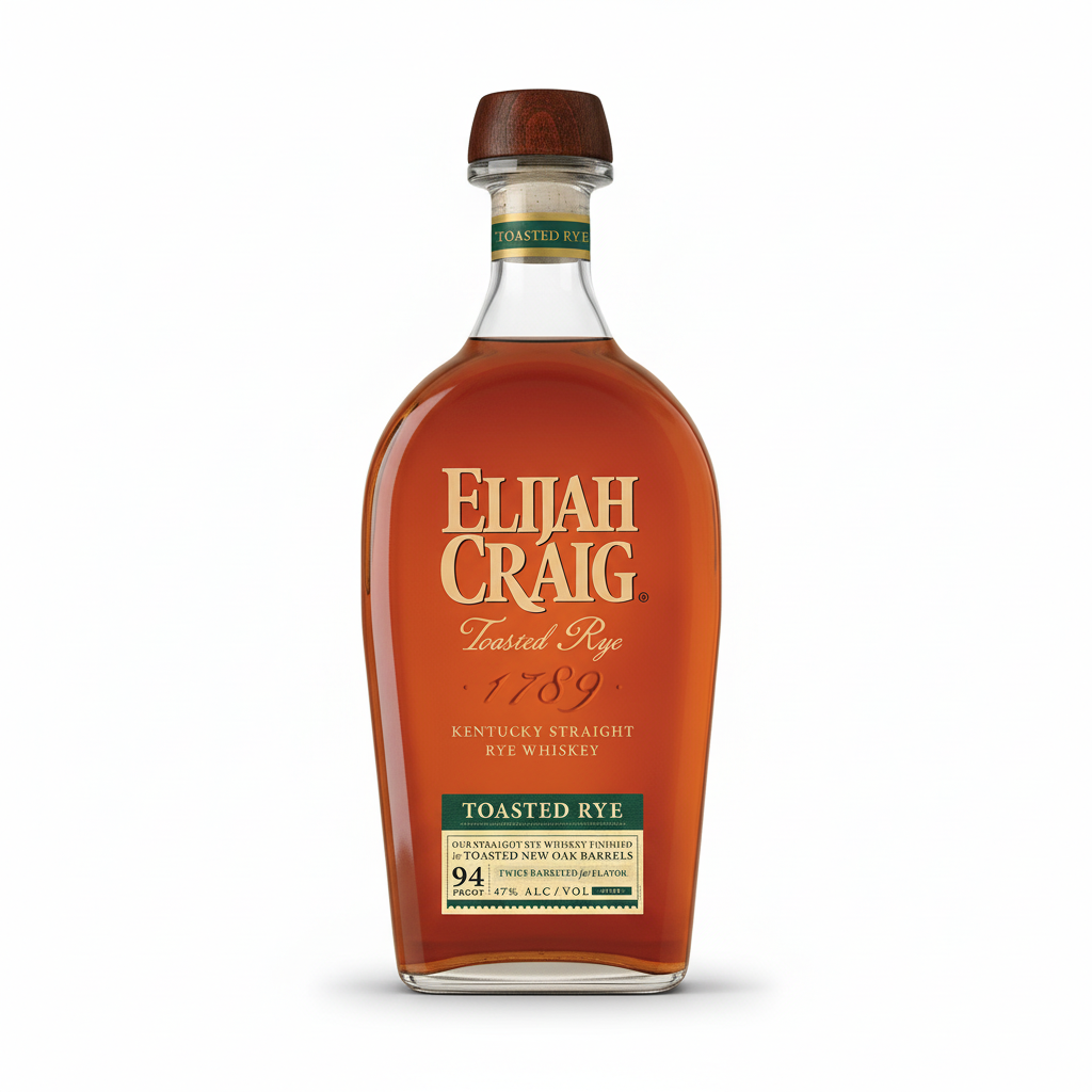 Bottle of Elijah Craig Toasted Rye whiskey on a green background