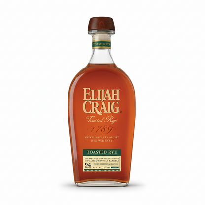 Bottle of Elijah Craig Toasted Rye whiskey on a green background