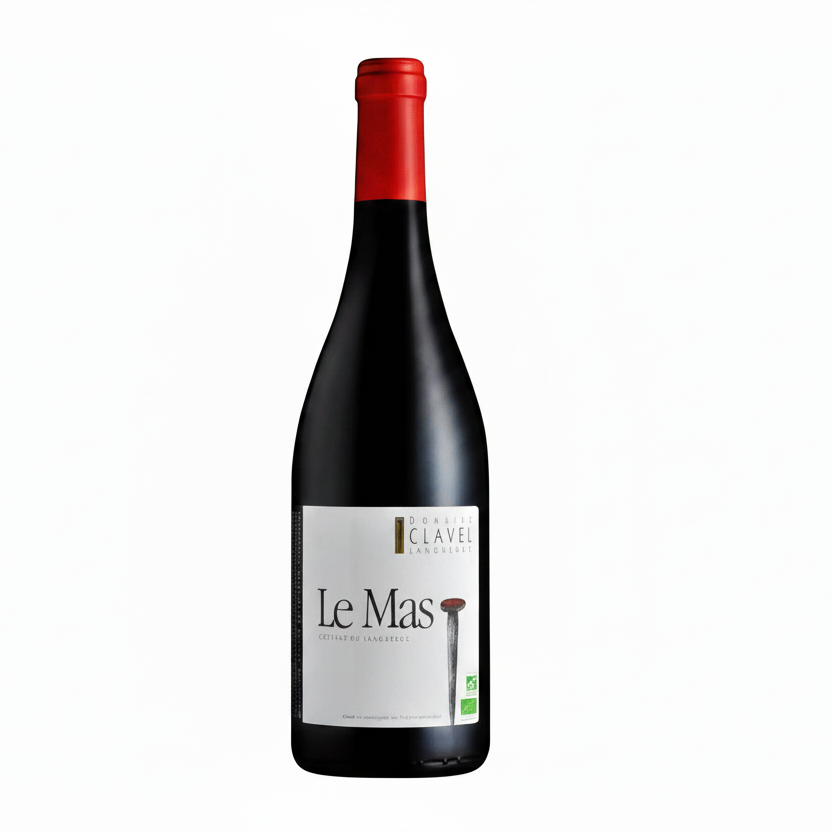 Bottle of Domaine Clavel Le Mas wine with label visible, set against a neutral background.