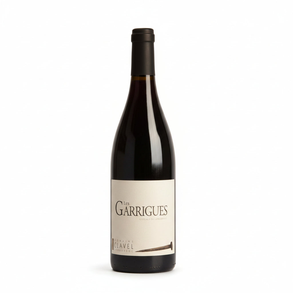 Bottle of Domaine Clavel Les Garrigues wine with label visible, featuring a dark glass bottle and elegant label design.
