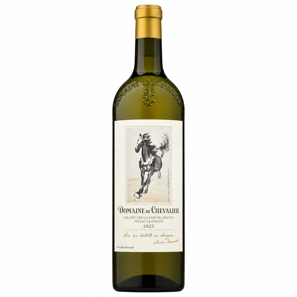 Bottle of Domaine De Chevalier Blanc 2022 white wine with label visible, showcasing the elegant wine bottle design.