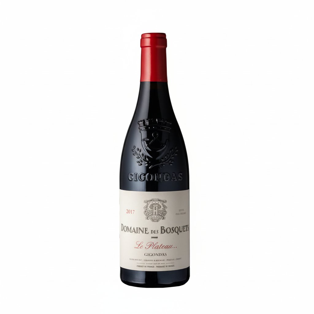 Bottle of Domaine des Bosquets Gigondas Le Plateau Red wine with label visible, sitting on a wooden surface.
