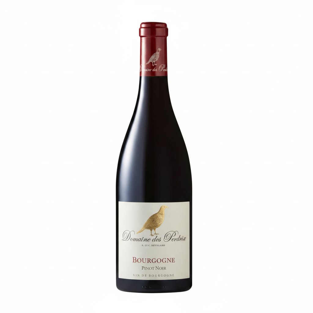 Bottle of Domaine des Perdrix Bourgogne Pinot Noir wine with label visible in a clear glass bottle.