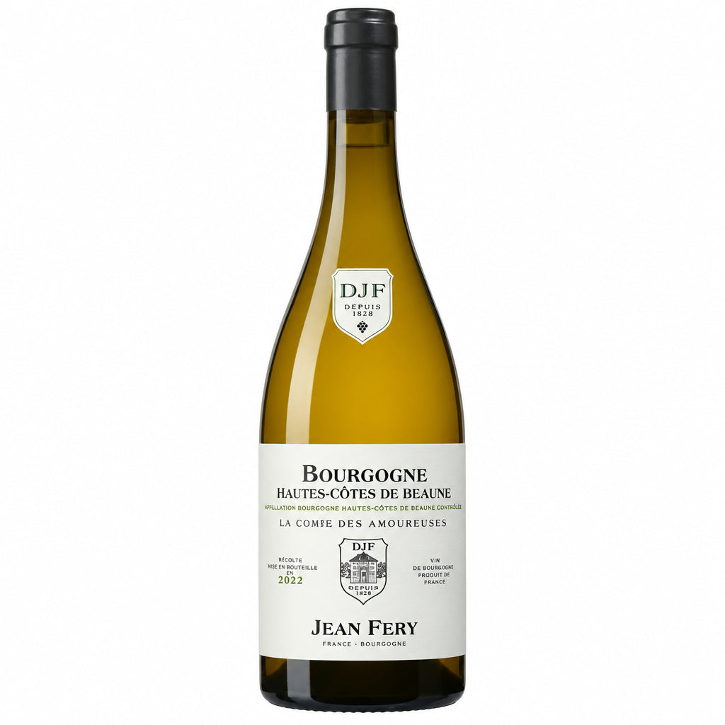 Bottle of Domaine Jean Fery Bourgogne Blanc 2022 from La Come des Amoureuses vineyard, with a clear label and elegant wine capsule.