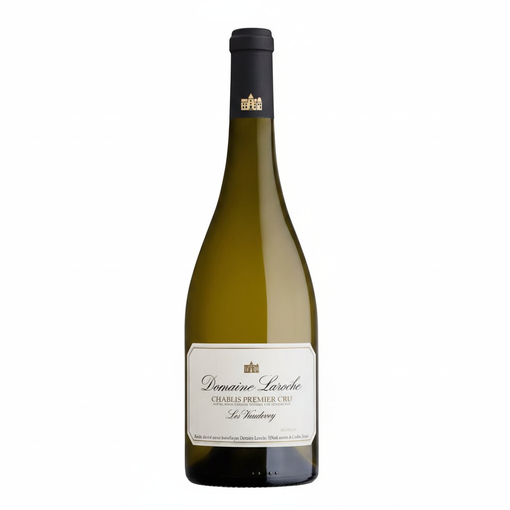 Bottle of Domaine Laroche Les Vaudevey Chablis Premier Cru white wine on a table with a glass nearby.