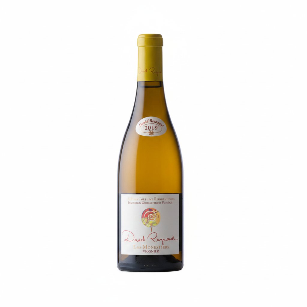 Bottle of Domaine Les Bruyeres Viognier white wine displayed with a label and corked top.