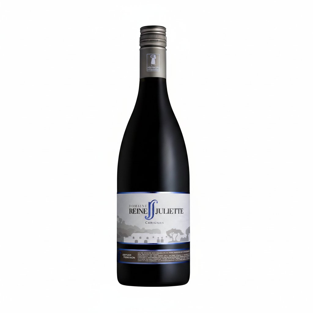 Bottle of Domaine Reine Juliette Carignan wine with label visible, showcasing deep red color and elegant design.