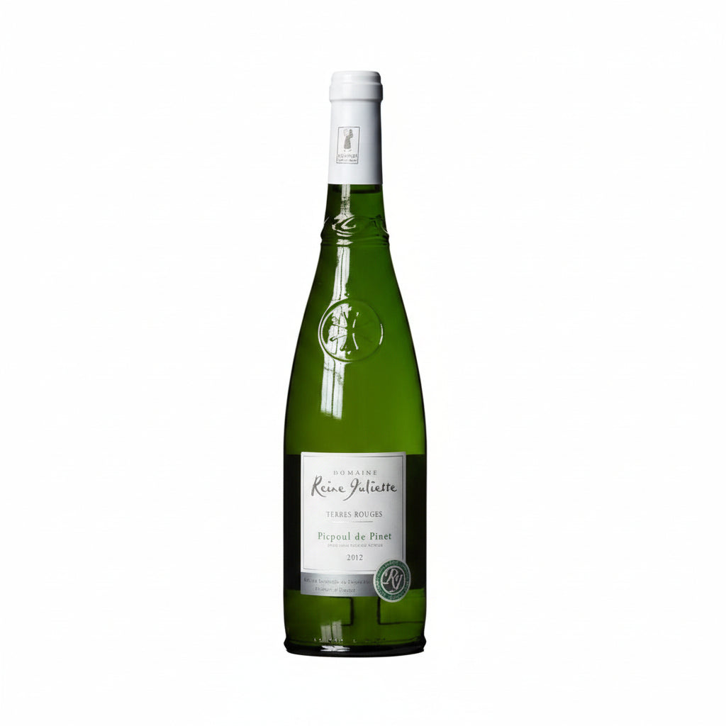 Bottle of Domaine Reine Juliette Picpoul white wine with label visible on a wine bottle.