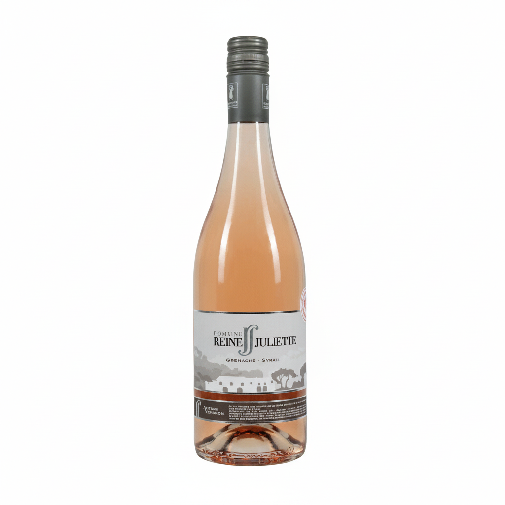 A bottle of Domaine Reine Juliette Rose wine with a pink label and a glass of rosé wine beside it.