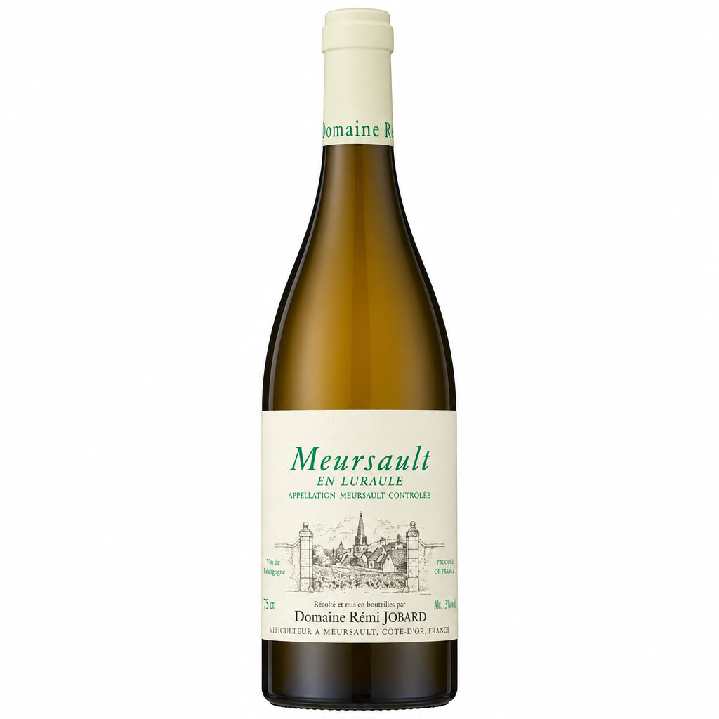 Bottle of Domaine Remi Jobard En Luraule 2023 Meursault white wine in a clear glass bottle with a label displaying the vintage and Domaine branding.