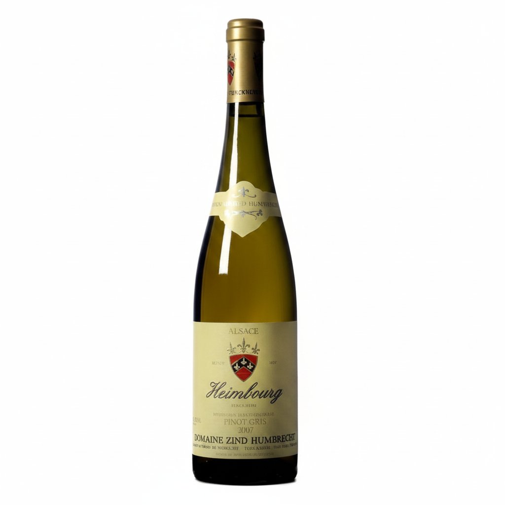 Bottle of Domaine Zind Humbrecht Alsace Pinot Gris wine with label visible and cork intact.