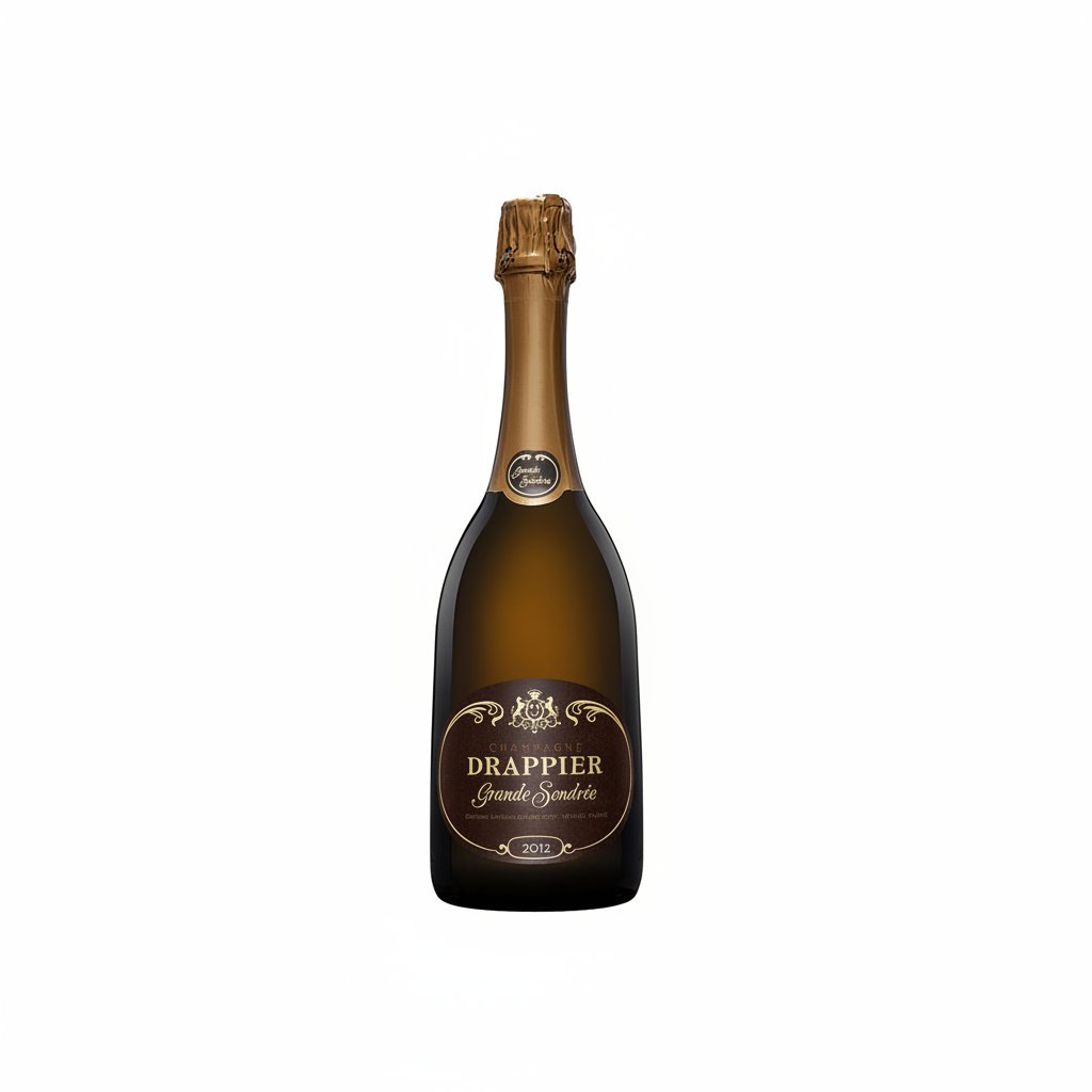 Bottle of Drappier Grande Sendree champagne with a dark green label and gold foil, showcasing the elegant sparkling wine.