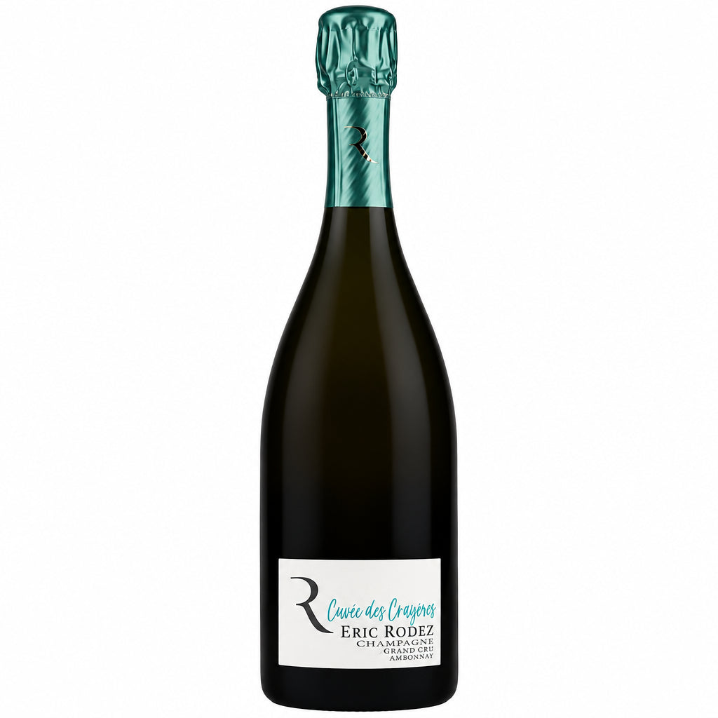 Bottle of Champagne Eric Rodez Brut Cuvée des Crayères Grand Cru with elegant label and gold foil wrapping.