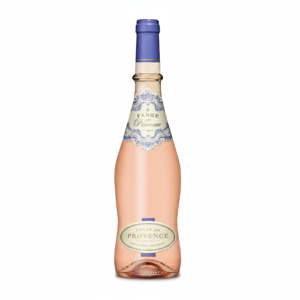 Bottle of Fabre En Provence Cotes de Provence Rosé wine with a pinkish hue and elegant label, on a light background.