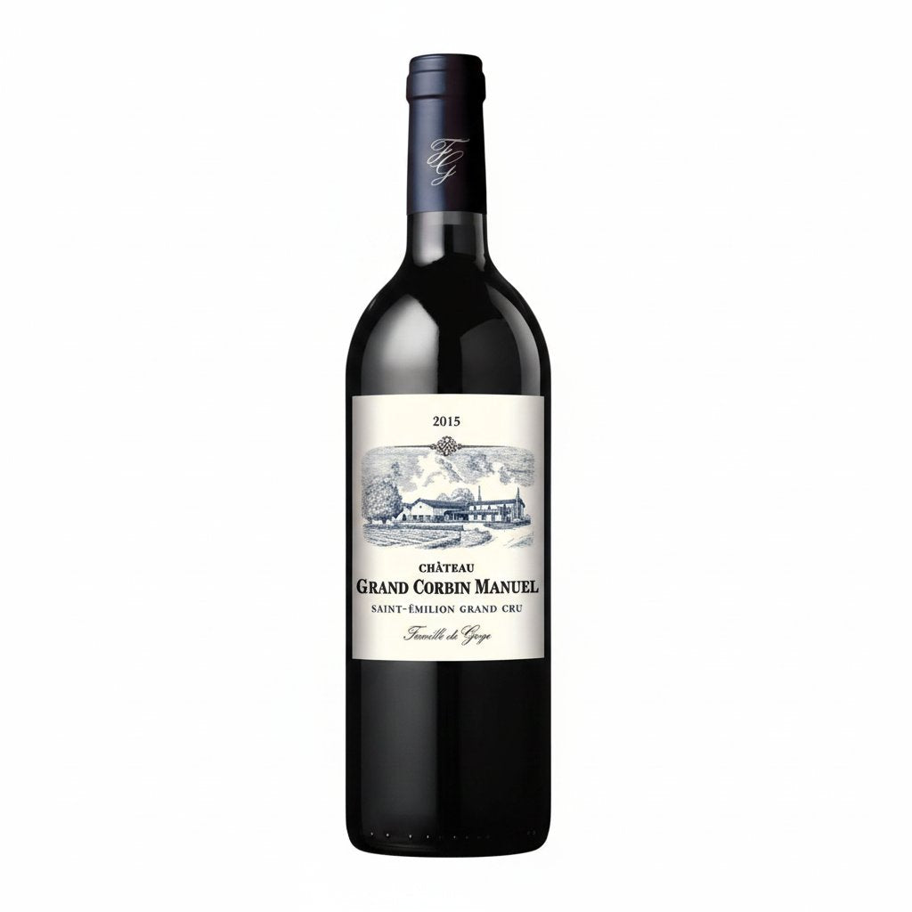 Bottle of Famille de Gaye Chateau Grand Corbin Manuel 2013 red wine, featuring a dark glass bottle and elegant label design.
