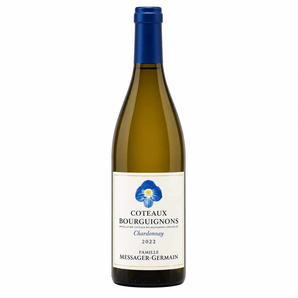 Bottle of Famille Messager Germain Coteaux Bourguignons Chardonnay wine with a label displaying vintage 2022.