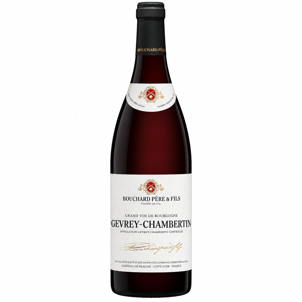 Bottle of Bouchard Gevrey-Chambertin wine with a label featuring elegant script and vineyard imagery.