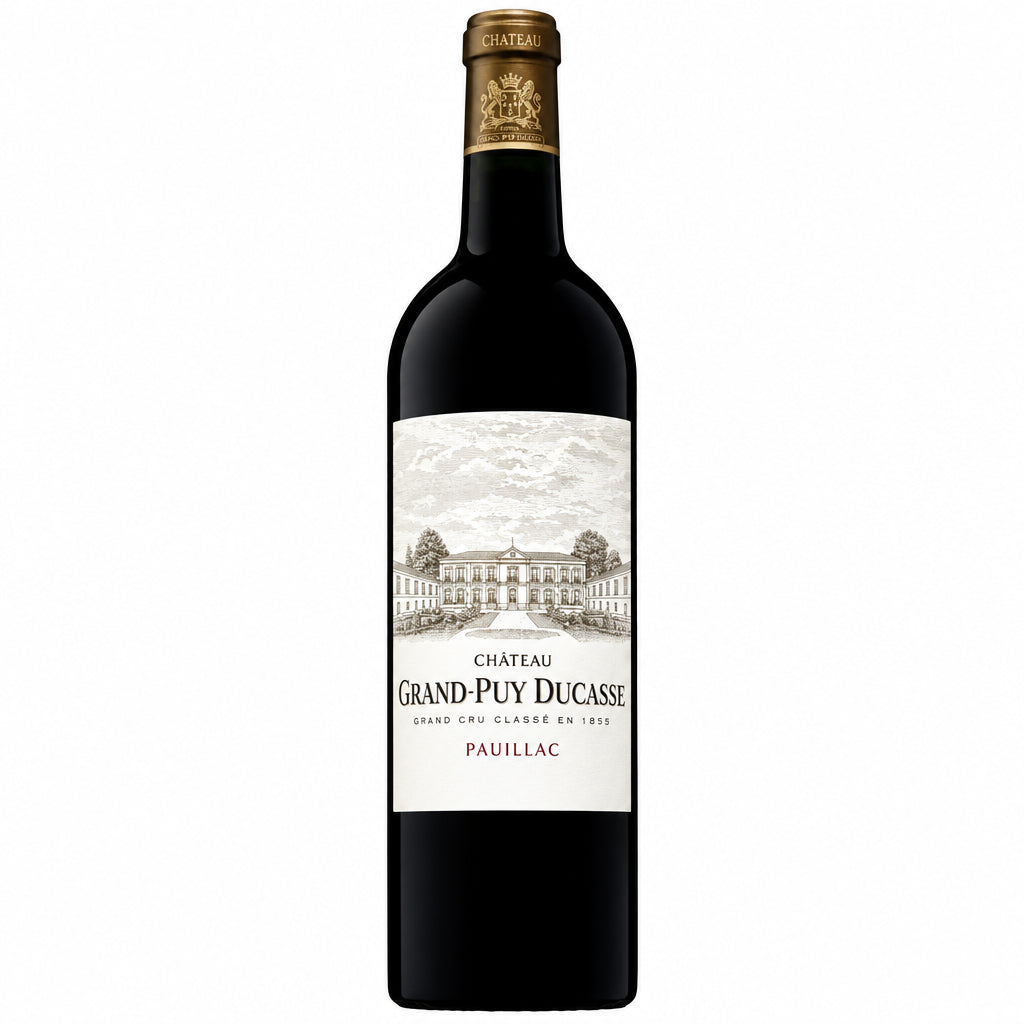 Bottle of Chateau Grand-Puy Ducasse Bordeaux red wine in a dark glass bottle with a label displaying the Chateau name.
