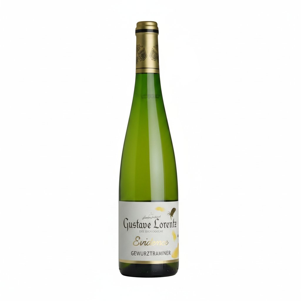 Gustave Lorentz Evidence Gewurztraminer Organic wine bottle with label and cork, showcasing a white wine from Gustave.