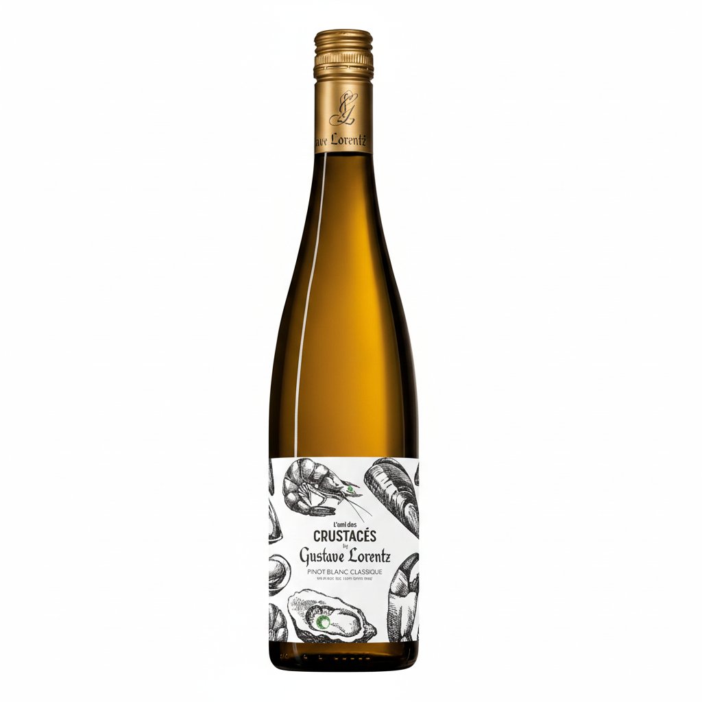 Gustave Lorentz Pinot Blanc Organic wine bottle with label, clear glass showing golden-colored wine, on a white background.