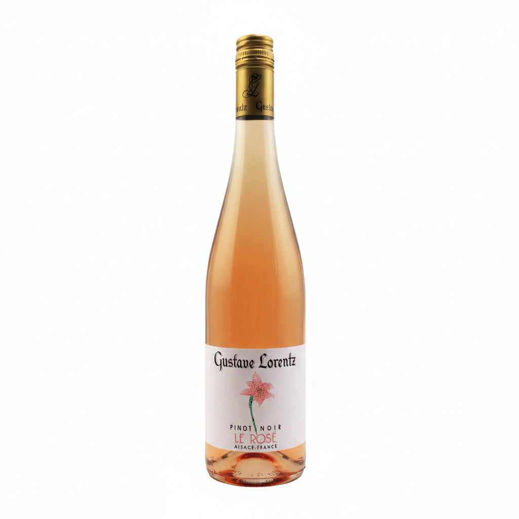 Gustave Lorentz Pinot Noir Rosé wine bottle with label, showcasing elegant packaging and pinkish hue of the wine.