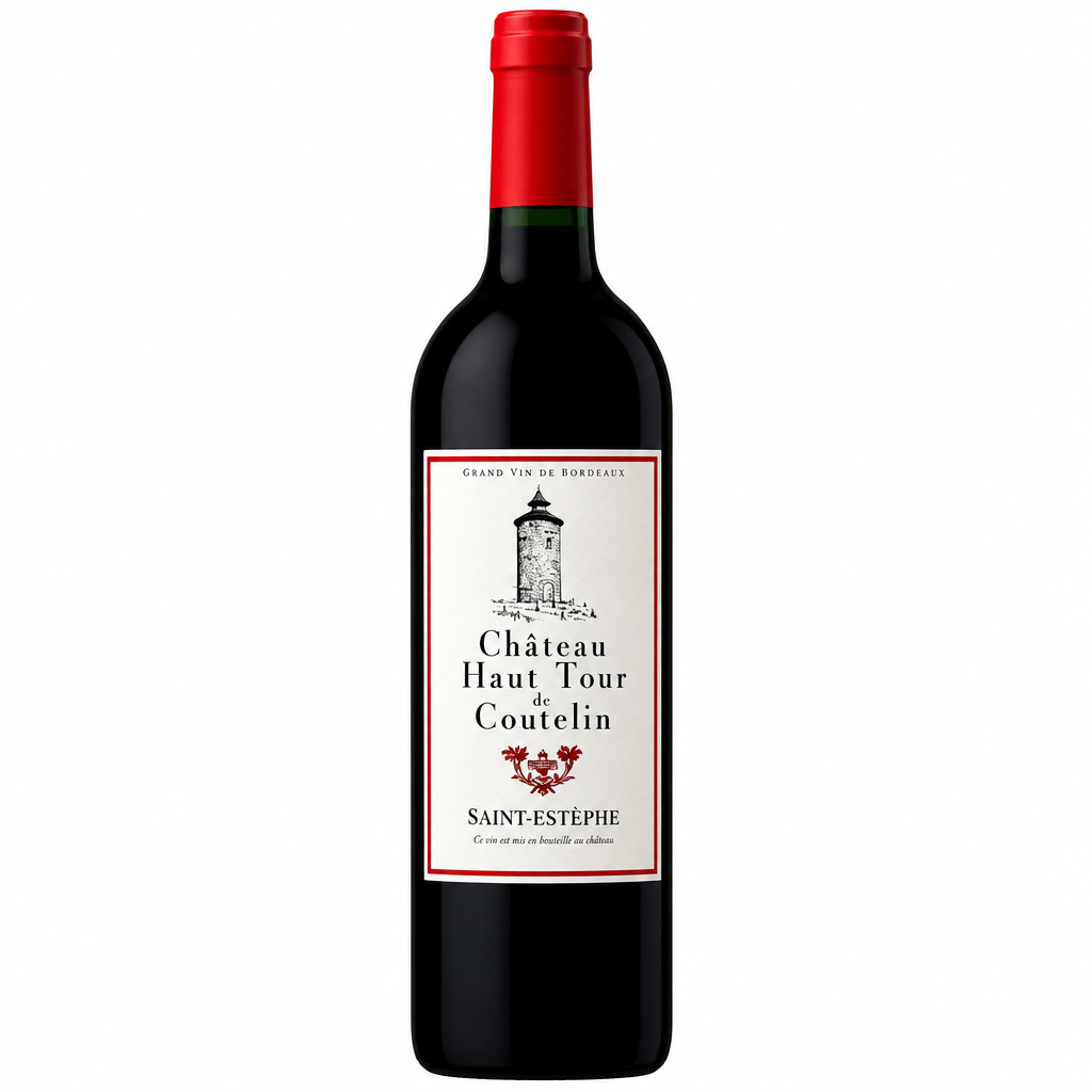 Bottle of Chateau Haut Tour De Coutelin red wine with a dark label and classic Chateau branding, on a white background.