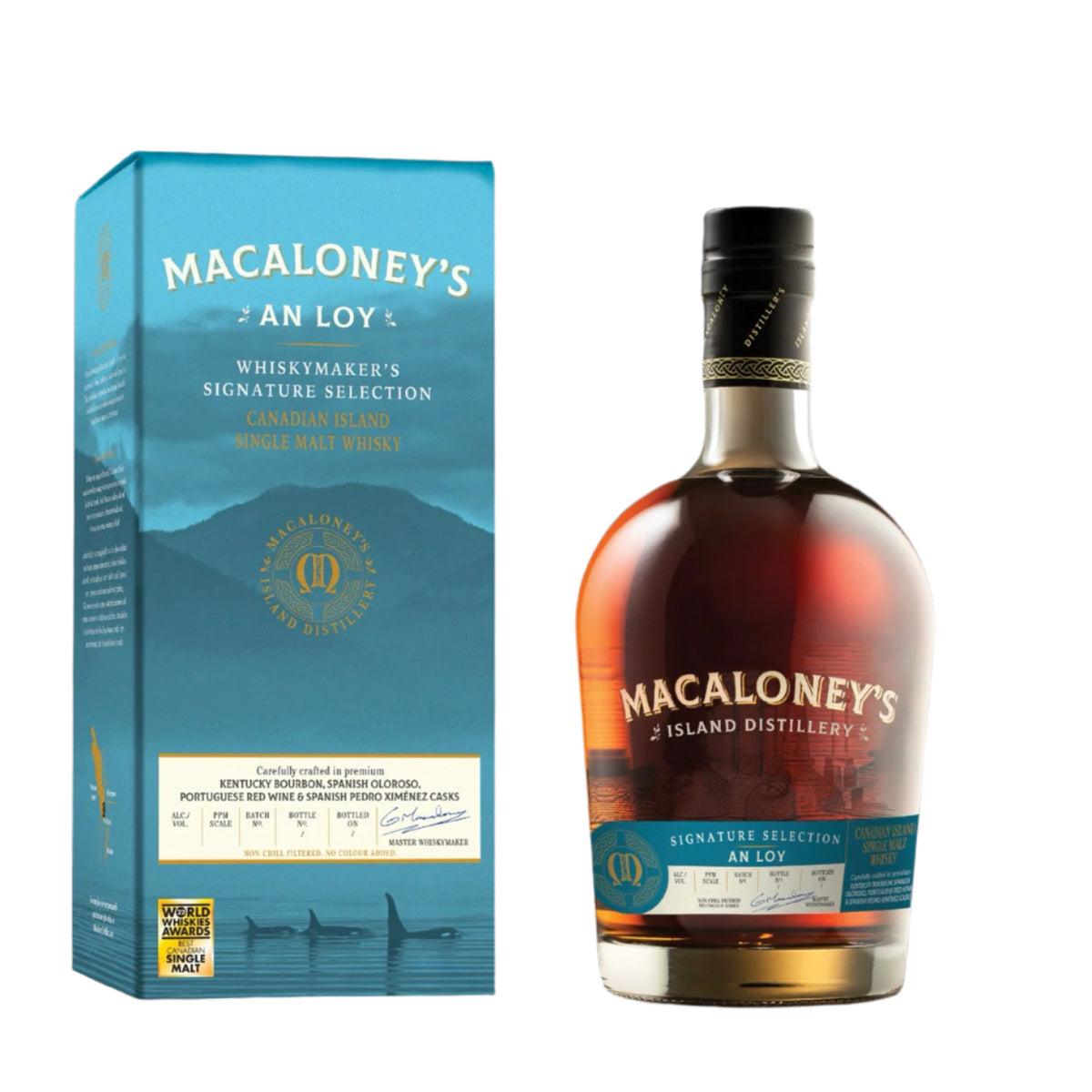 Macaloney's An Loy 700mL bottle with clear label and dark liquid inside, featuring elegant packaging and brand logo.