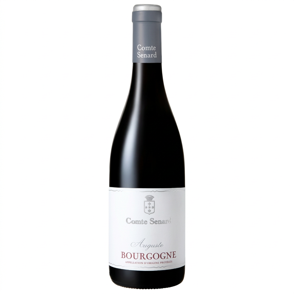 Bottle of Domaine Comte Senard Bourgogne Rouge Cuvée Auguste 2022 wine with label and foil cap, placed on a neutral background.
