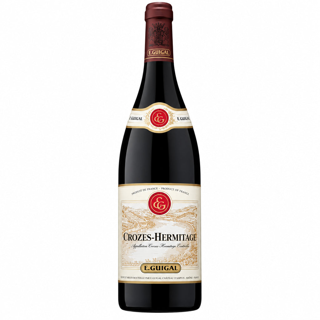 Bottle of Guigal Hermitage Rouge wine with label visible, showcasing the elegant red wine from the Guigal brand.