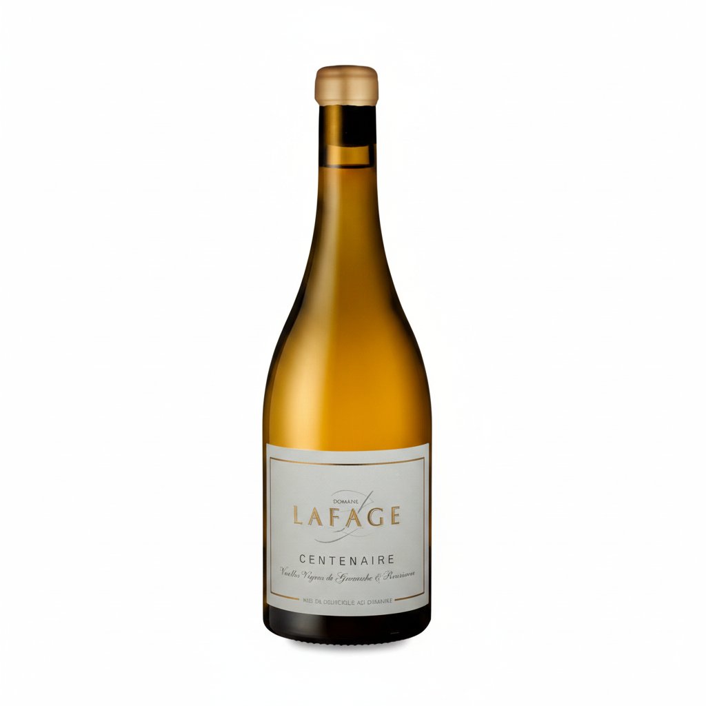 Lafage Centenaire wine bottle with label featuring vineyard imagery, standing upright on a neutral background.