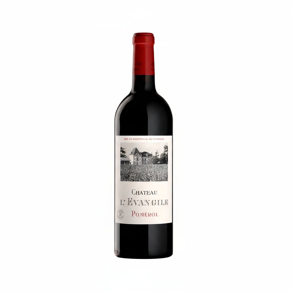 Chateau L'evangile wine bottle with label and cork, showing elegant design and classic shape on a neutral background