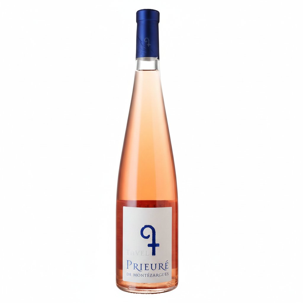Bottle of Tavel Prieure De Montezargues rosé wine with label visible, placed on a wooden surface with grapes in the background.