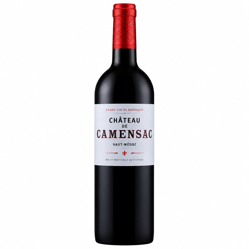 Bottle of Chateau De Camensac 2012 red wine with label visible, set against a neutral background.