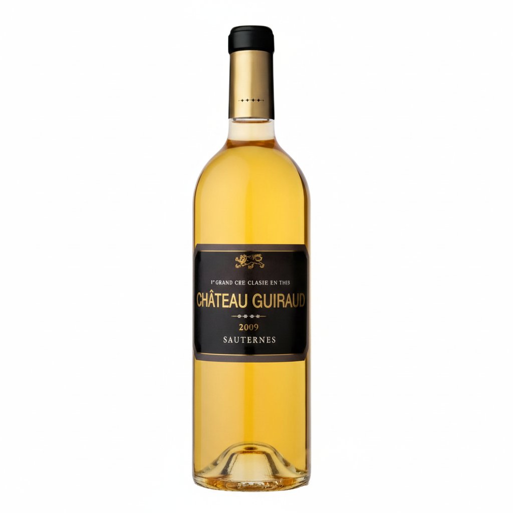 Chateau Guiraud 375mL wine bottle with label, featuring elegant design and rich amber color in a close-up shot.