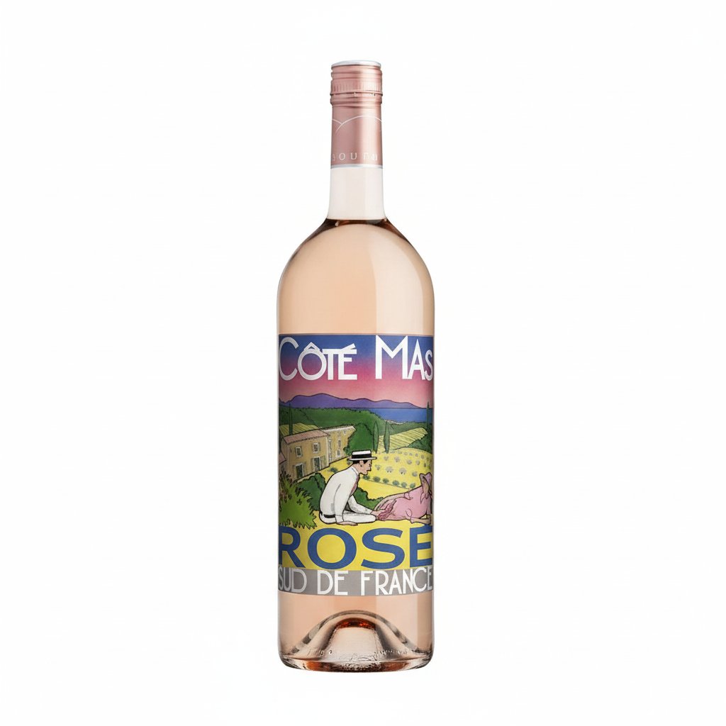 Cote Mas Rose Aurore wine bottle with a pink label and elegant design, standing upright on a neutral background.