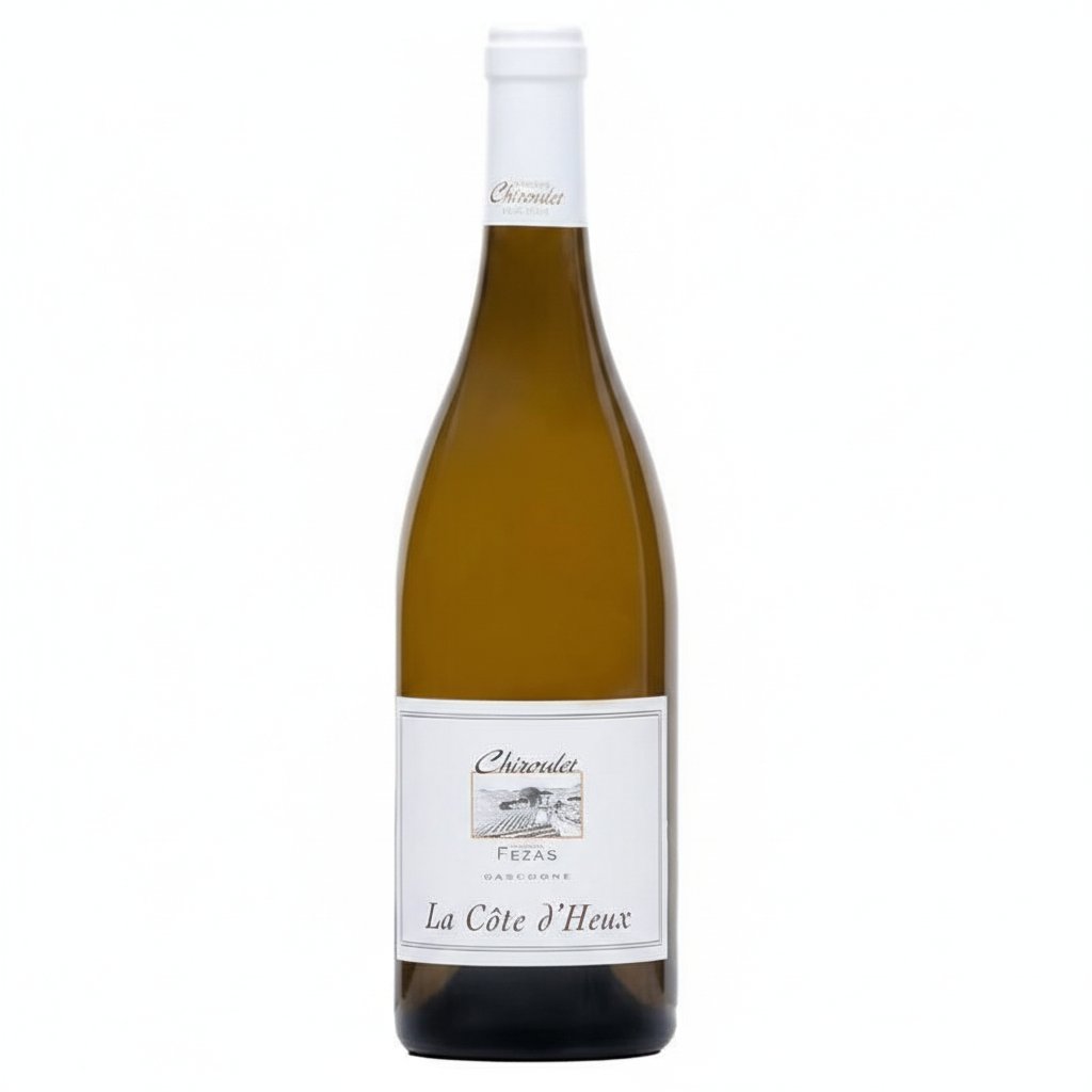 Chiroulet Cote D'heux wine bottle with label, dark glass and gold accents, standing upright on a neutral background.