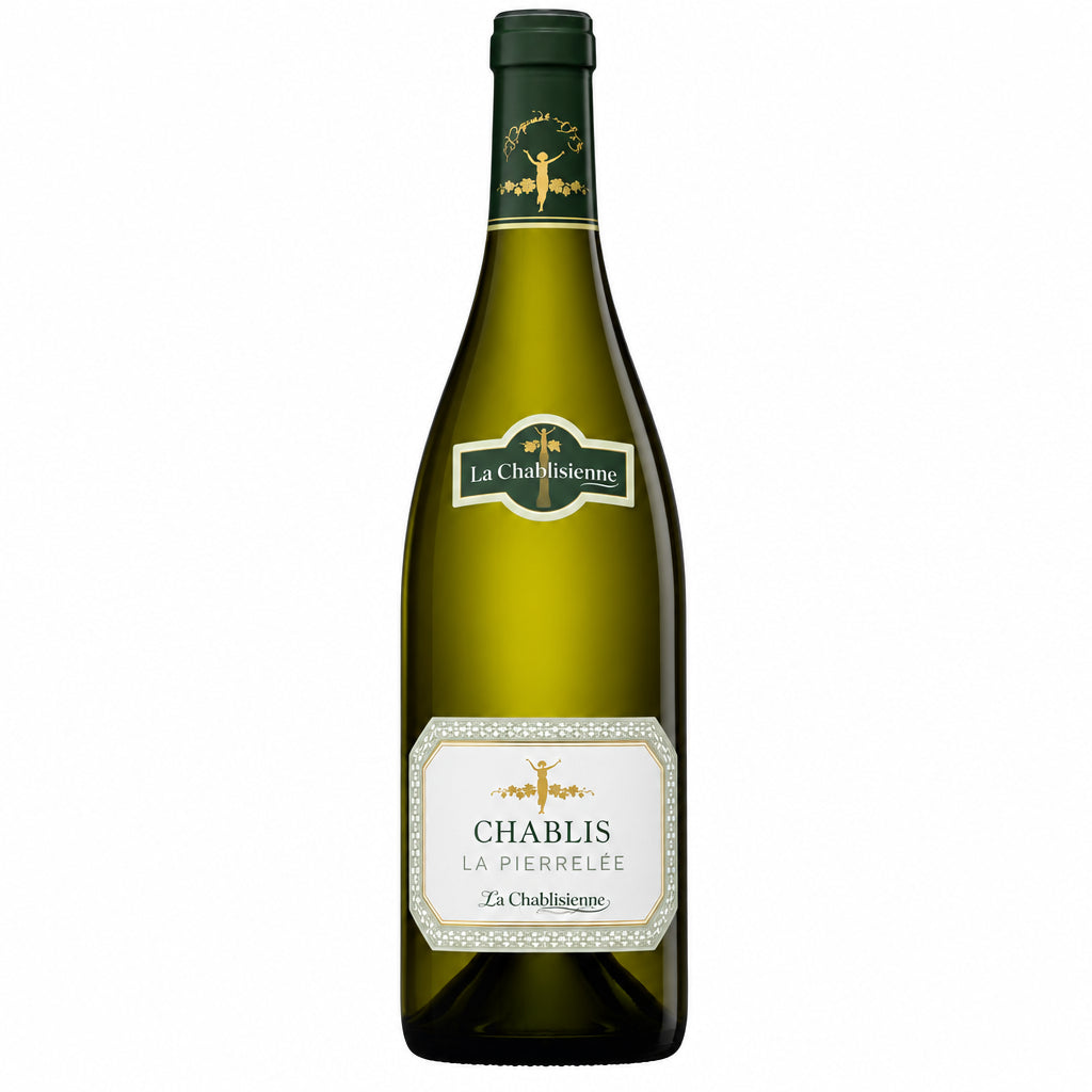 Bottle of La Chablisienne Chablis La Pierrelee white wine with a clear glass bottle and elegant label on a white background.