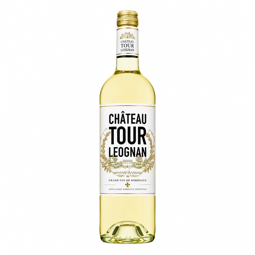Chateau Chateau Tour Leognan Blanc wine bottle with label, featuring white wine and elegant packaging.