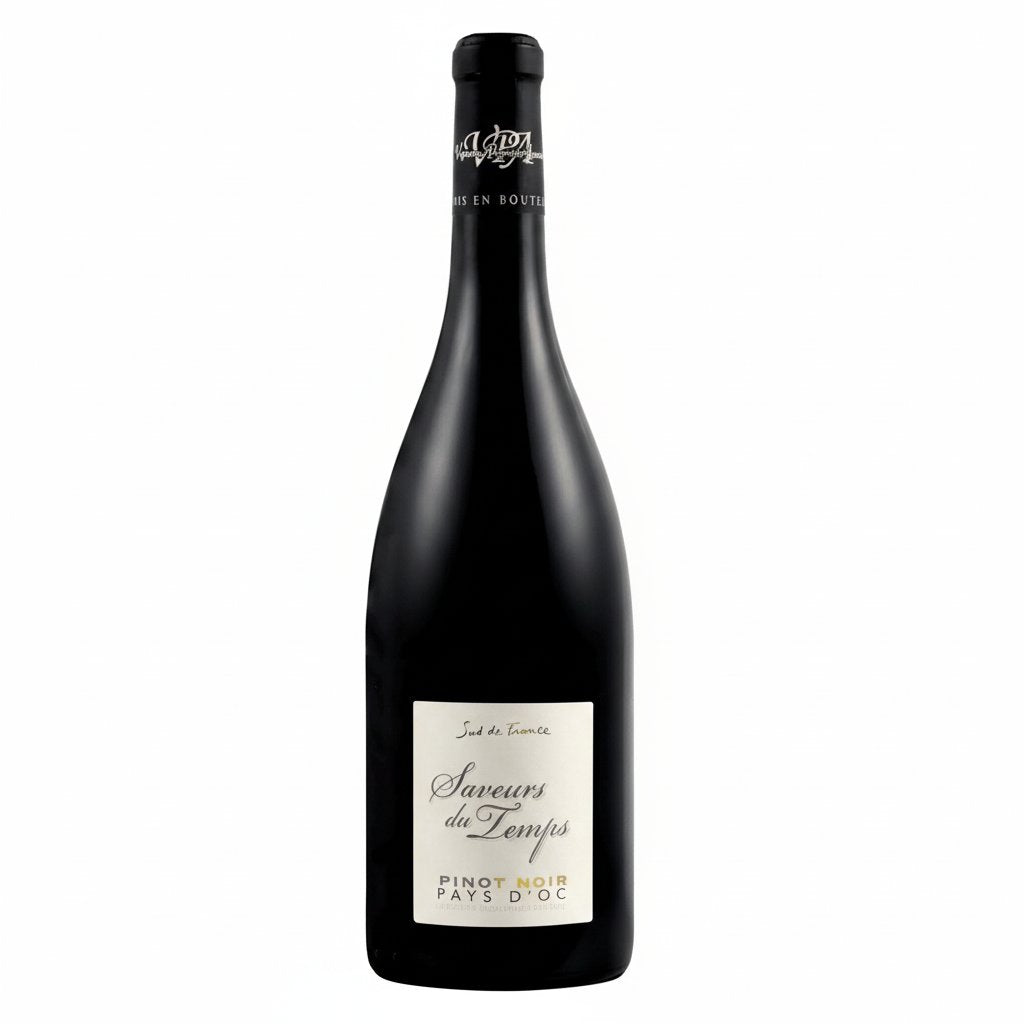 Vignerons Saveurs du Temps Pinot Noir wine bottle with dark glass and label, showcasing elegant packaging.