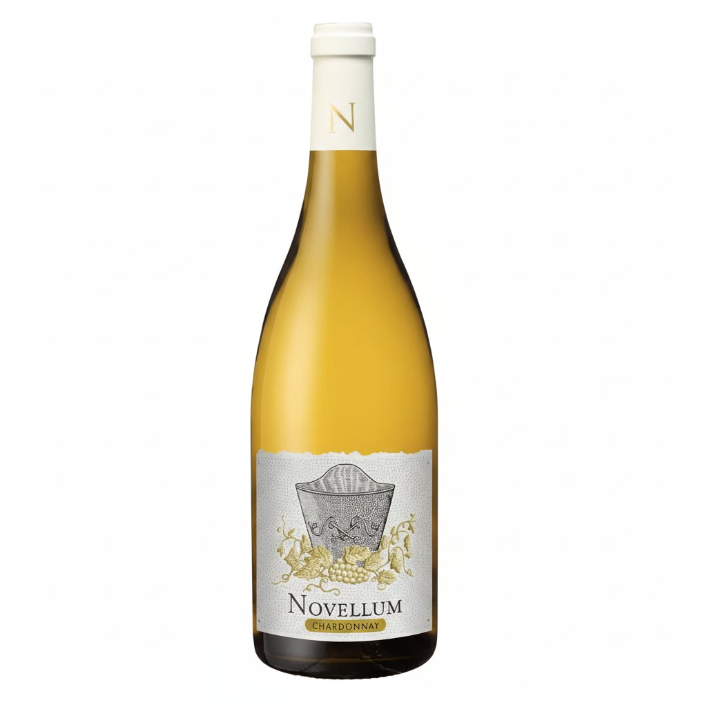 Novellum Chardonnay wine bottle with label featuring white and gold design on a neutral background.