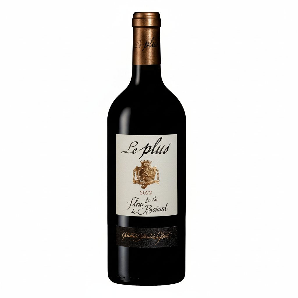 Bottle of Le Plus De La Fleur De Bouard Lalande red wine in a glass with a blurred background.