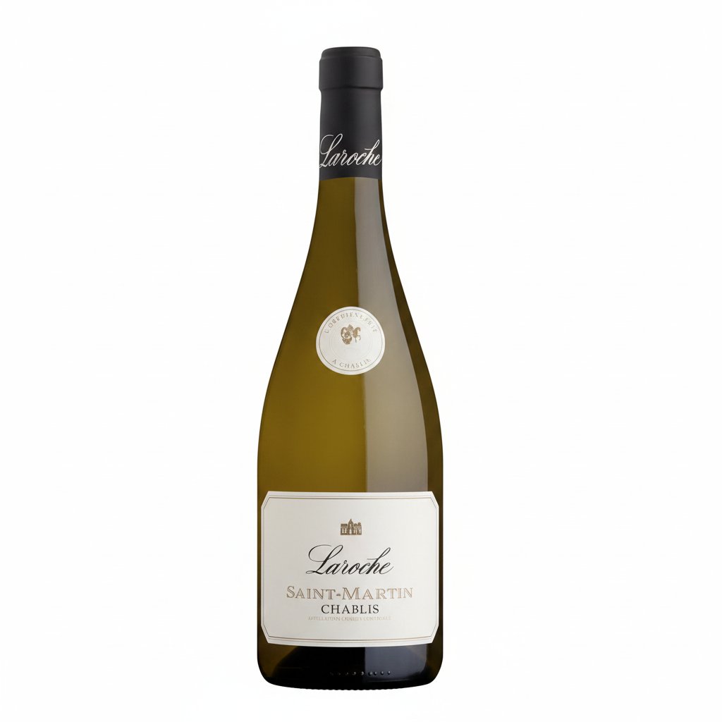 Bottle of Domaine Laroche Saint Martin Chablis wine with a clear label and foil capsule, displayed upright.