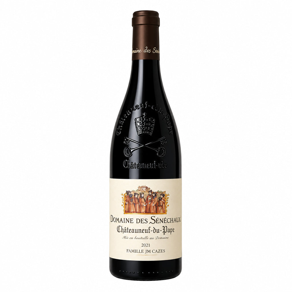 Bottle of Domaine des Senechaux Chateauneuf-du-Pape Rouge 2021 wine with label visible and cork sealed in an elegant setting.