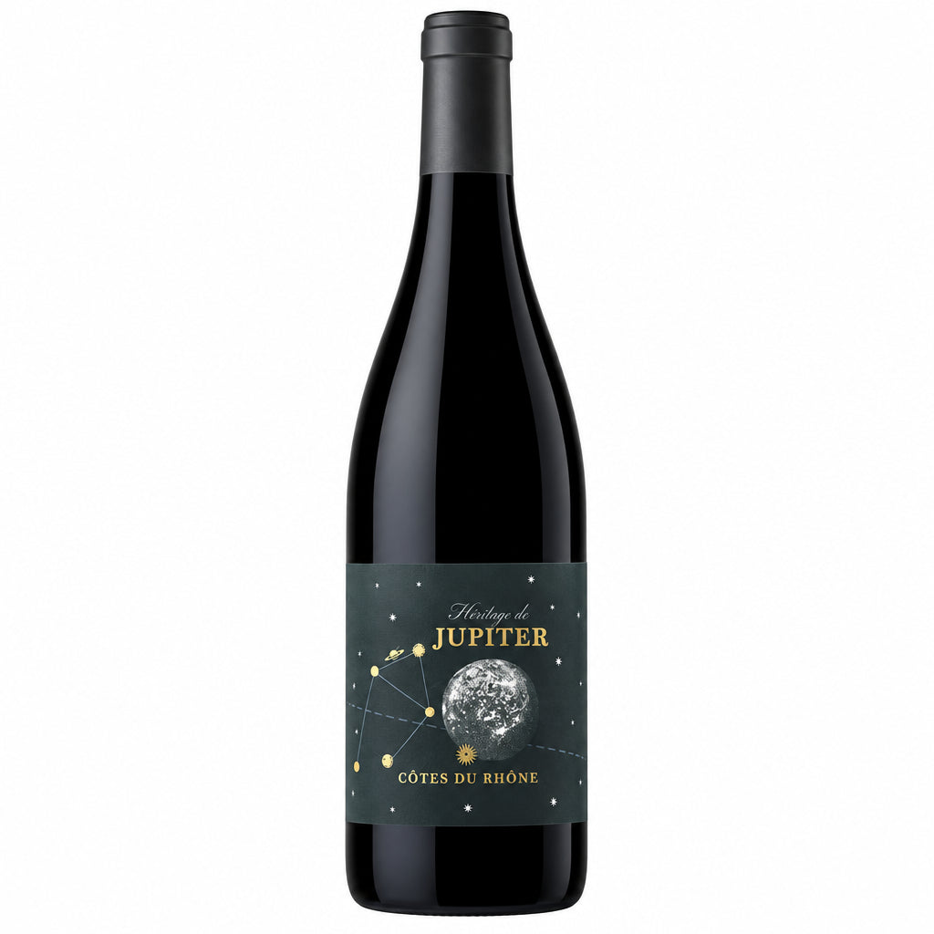 Bottle of Les Halos De Jupiter Cotes Du Rhone red wine with label visible, placed on a wooden surface.